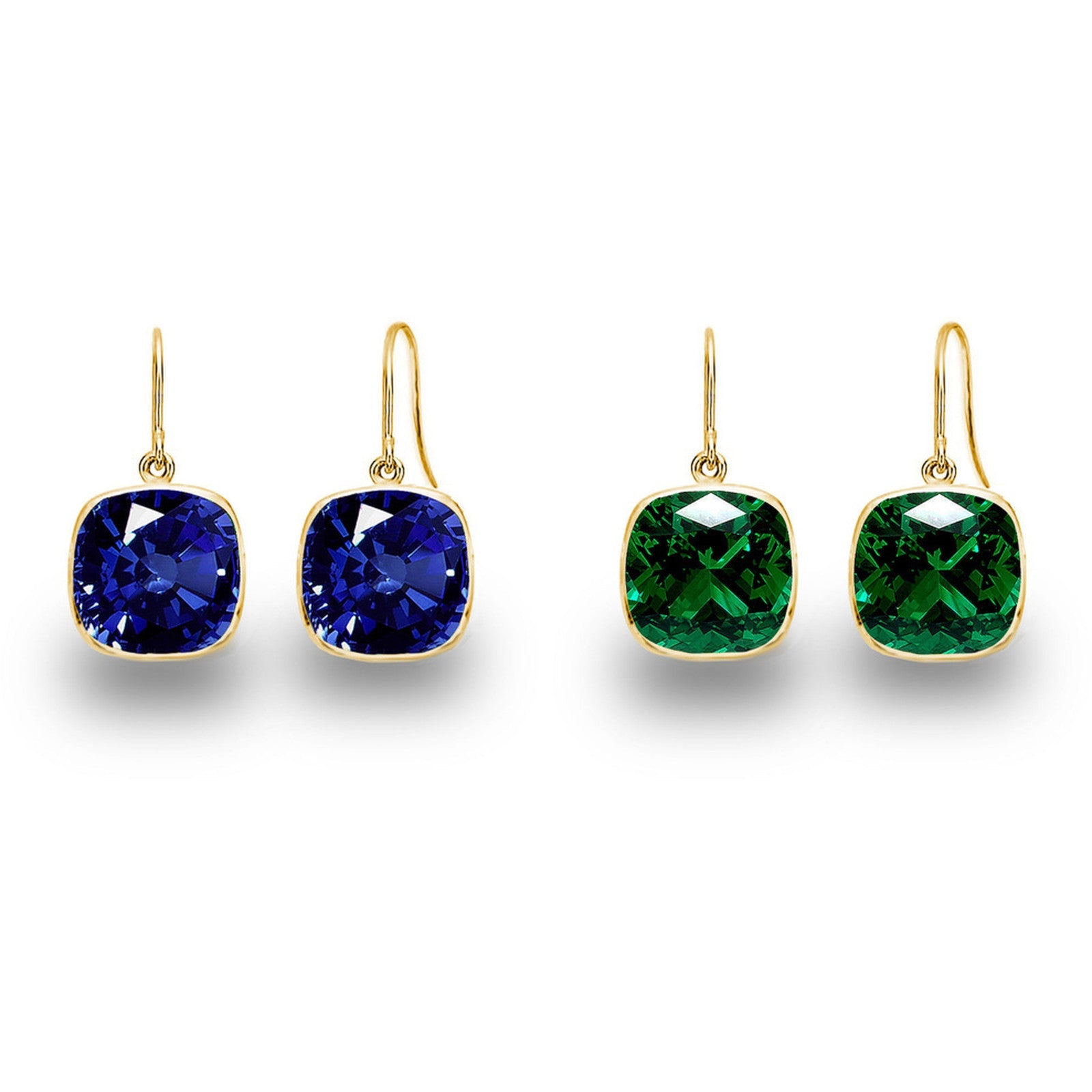 5.00 CTW Lab Grown Sapphire and Emerald Cushion Cut Drop Earrings Set - 14K Gold (2 Pairs)