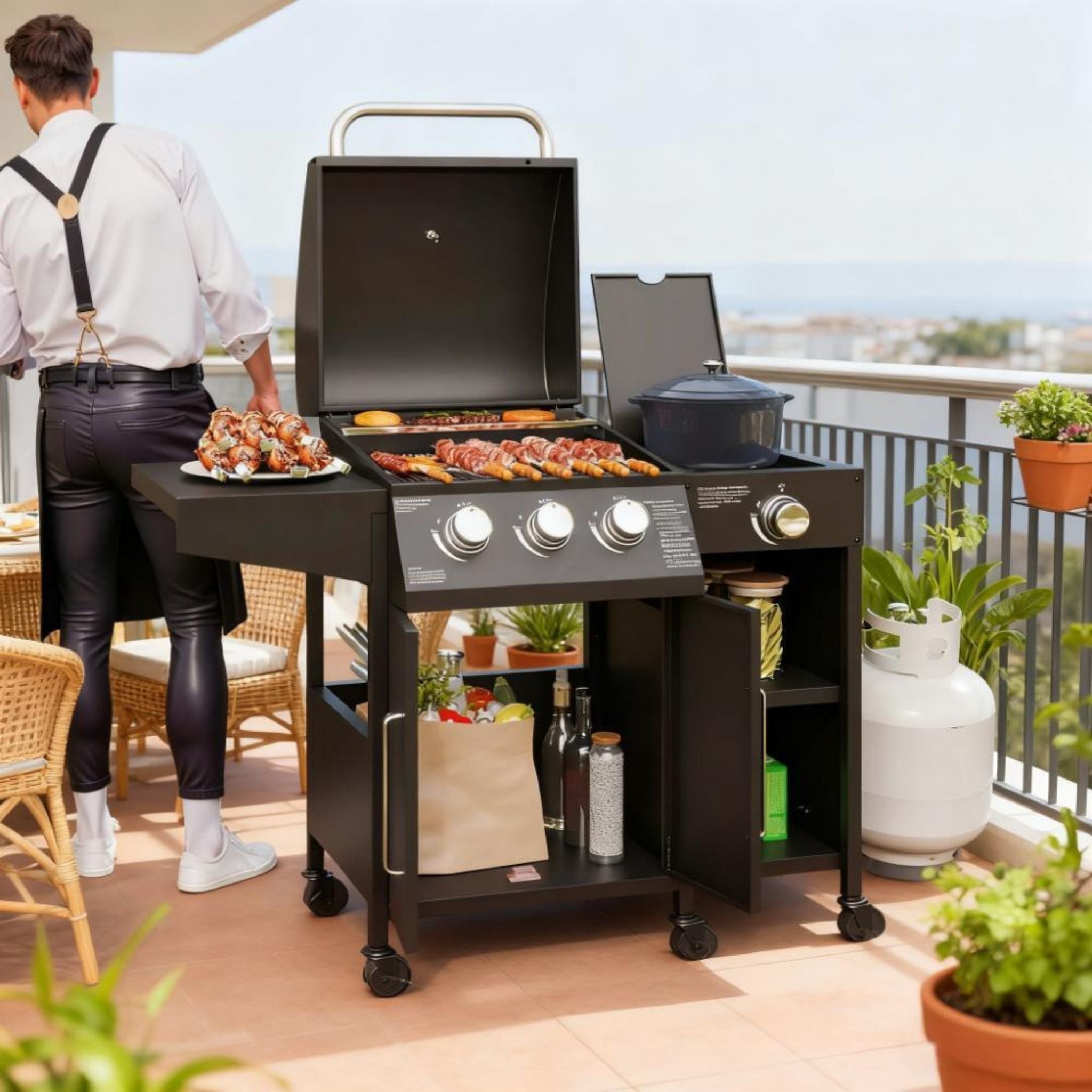 Castelle Flame 15K BTU Barbecue Propane Liquid Propane Grill With Side Burner (SAK53481)