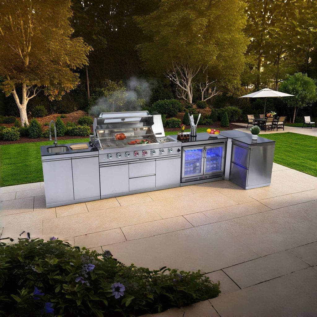 Castelle Flame Montclair 58-Inch 6-Burner 96K BTU Gas Outdoor Liquid Propane Grill Island With Wine Cooler And Rotisserie (SAK31642)