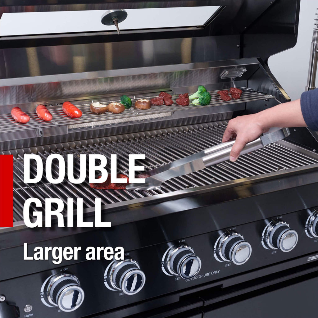 Castelle Flame Avalon 43-Inch 6-Burner 85K BTU Outdoor BBQ Kitchen Grill Island With Wine Fridge, Rotisserie Kit, And Sink (SAK23864)