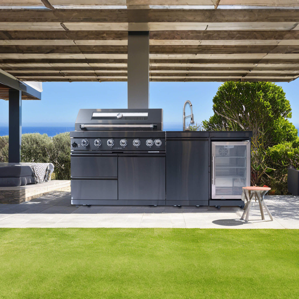 Castelle Flame Avalon 43-Inch 6-Burner 85K BTU Outdoor BBQ Kitchen Grill Island With Wine Fridge, Rotisserie Kit, And Sink (SAK23864)