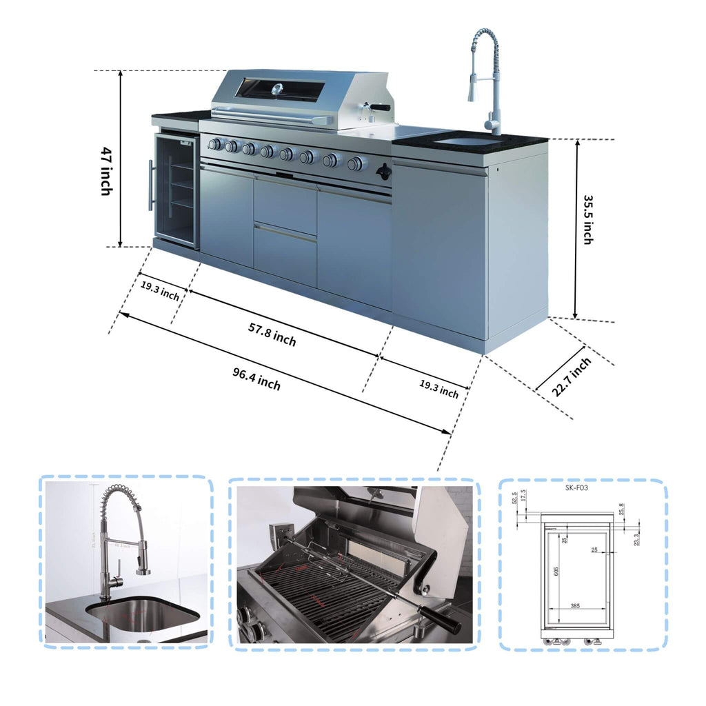 Castelle Flame Capri 96-Inch 6-Burner 85000 BTU Outdoor Kitchen Liquid Propane Grill Island With Fridge (SAK42895)