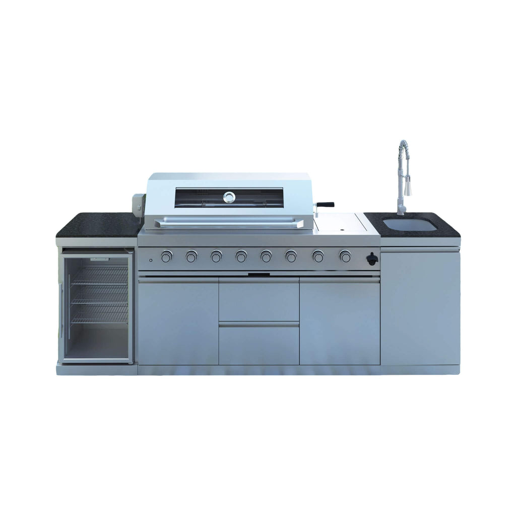 Castelle Flame Capri 96-Inch 6-Burner 85000 BTU Outdoor Kitchen Liquid Propane Grill Island With Fridge (SAK42895)