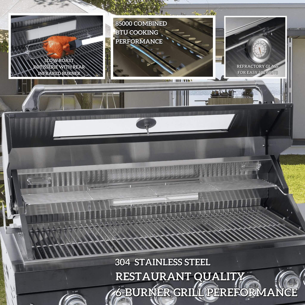 Castelle Flame Capri 96-Inch 6-Burner 85000 BTU Outdoor Kitchen Liquid Propane Grill Island With Fridge (SAK42895)