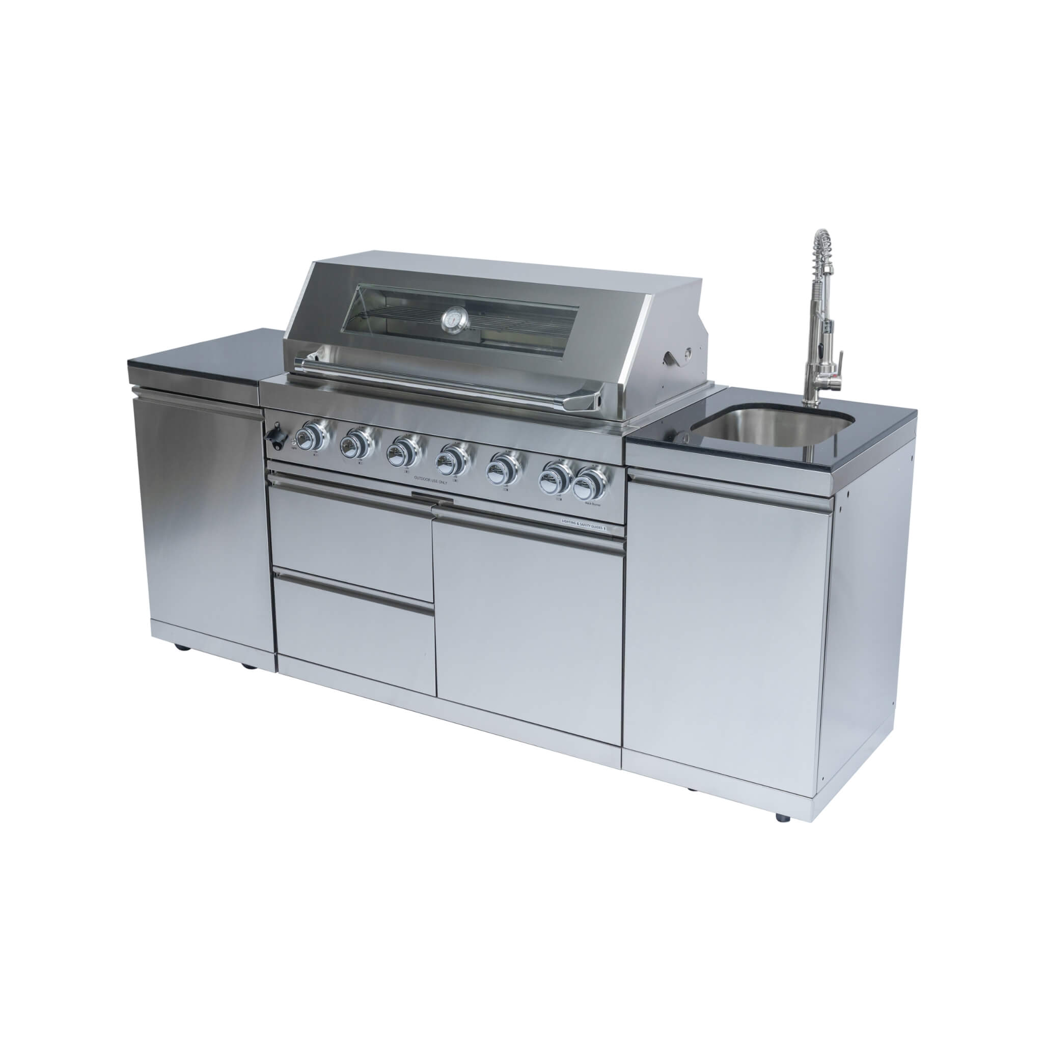 Castelle Flame Valmont 43-Inch 6-Burner 85K BTU Outdoor BBQ Kitchen Grill Island With Granite Countertops, Rotisserie Kit, Cabinets, And Sink (SAK73518)
