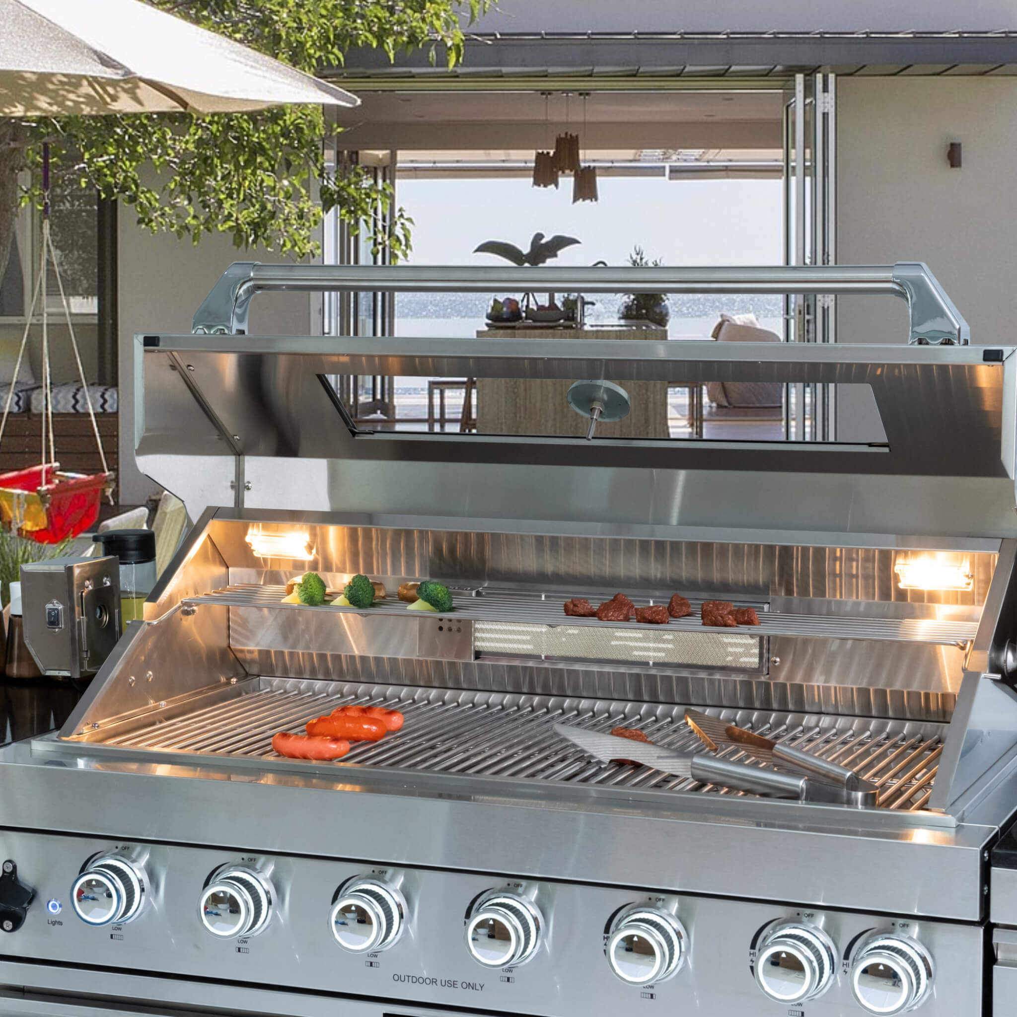 Castelle Flame Valmont 43-Inch 6-Burner 85K BTU Outdoor BBQ Kitchen Grill Island With Granite Countertops, Rotisserie Kit, Cabinets, And Sink (SAK73518)