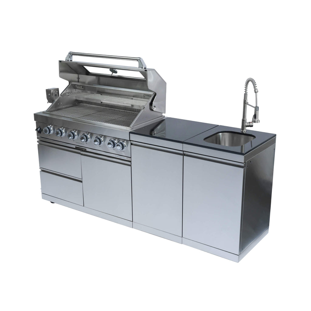 Castelle Flame Valmont 43-Inch 6-Burner 85K BTU Outdoor BBQ Kitchen Grill Island With Granite Countertops, Rotisserie Kit, Cabinets, And Sink (SAK73518)