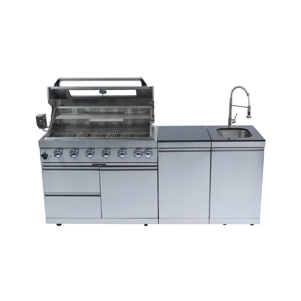 Castelle Flame Valmont 43-Inch 6-Burner 85K BTU Outdoor BBQ Kitchen Grill Island With Granite Countertops, Rotisserie Kit, Cabinets, And Sink (SAK73518)