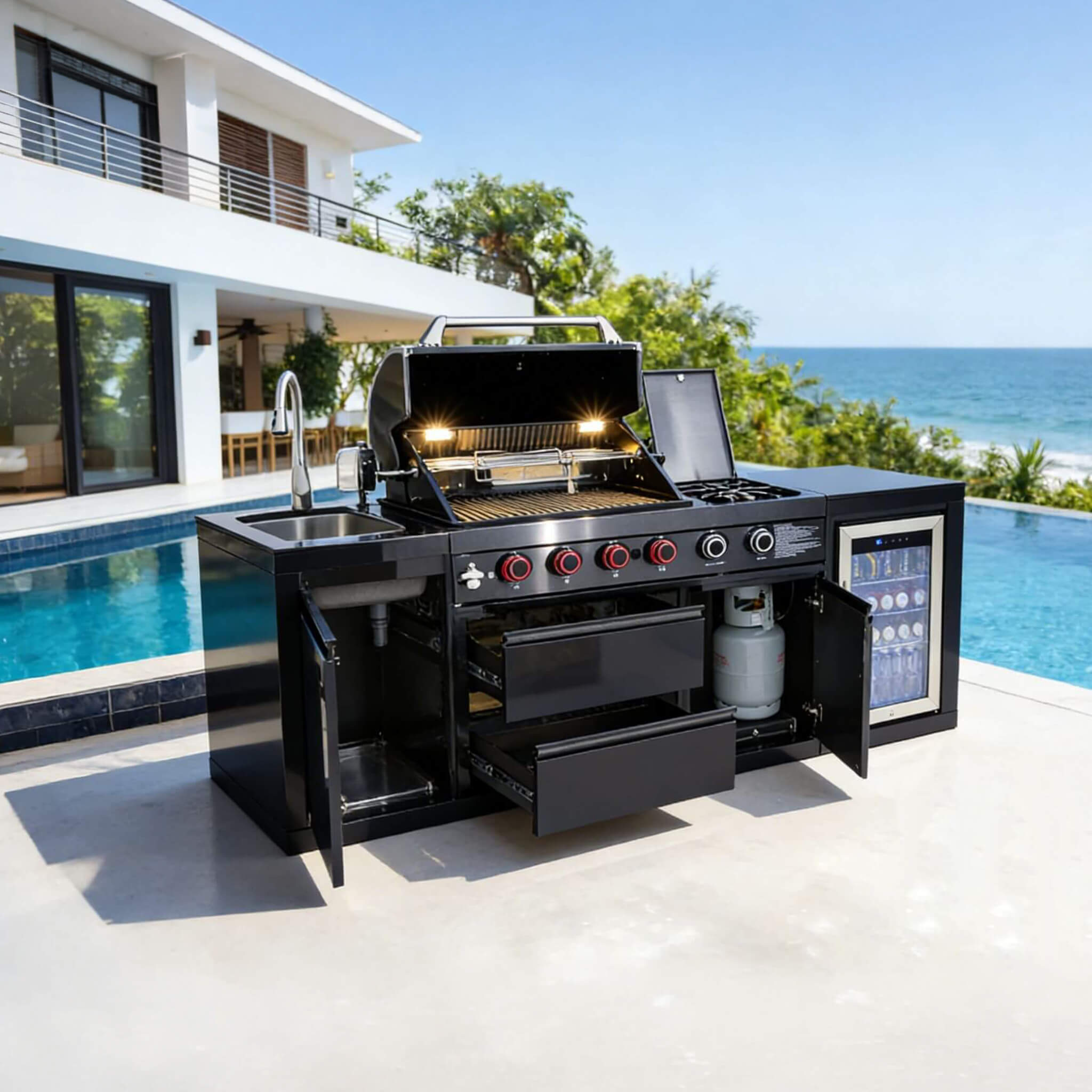 Castelle Flame Monarch 4-Burner 72000 BTU Liquid Propane Grill Island With Fridge And Sink (SAK68127)
