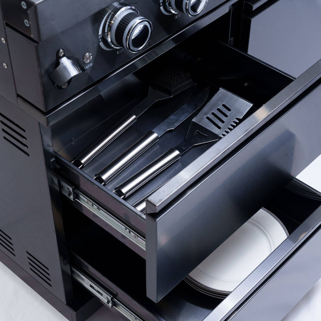 Castelle Flame Ember Premium Black Stainless Steel 4-Burner Liquid Propane Kitchen Grill Island With Rotisserie Kit (SAK48157)
