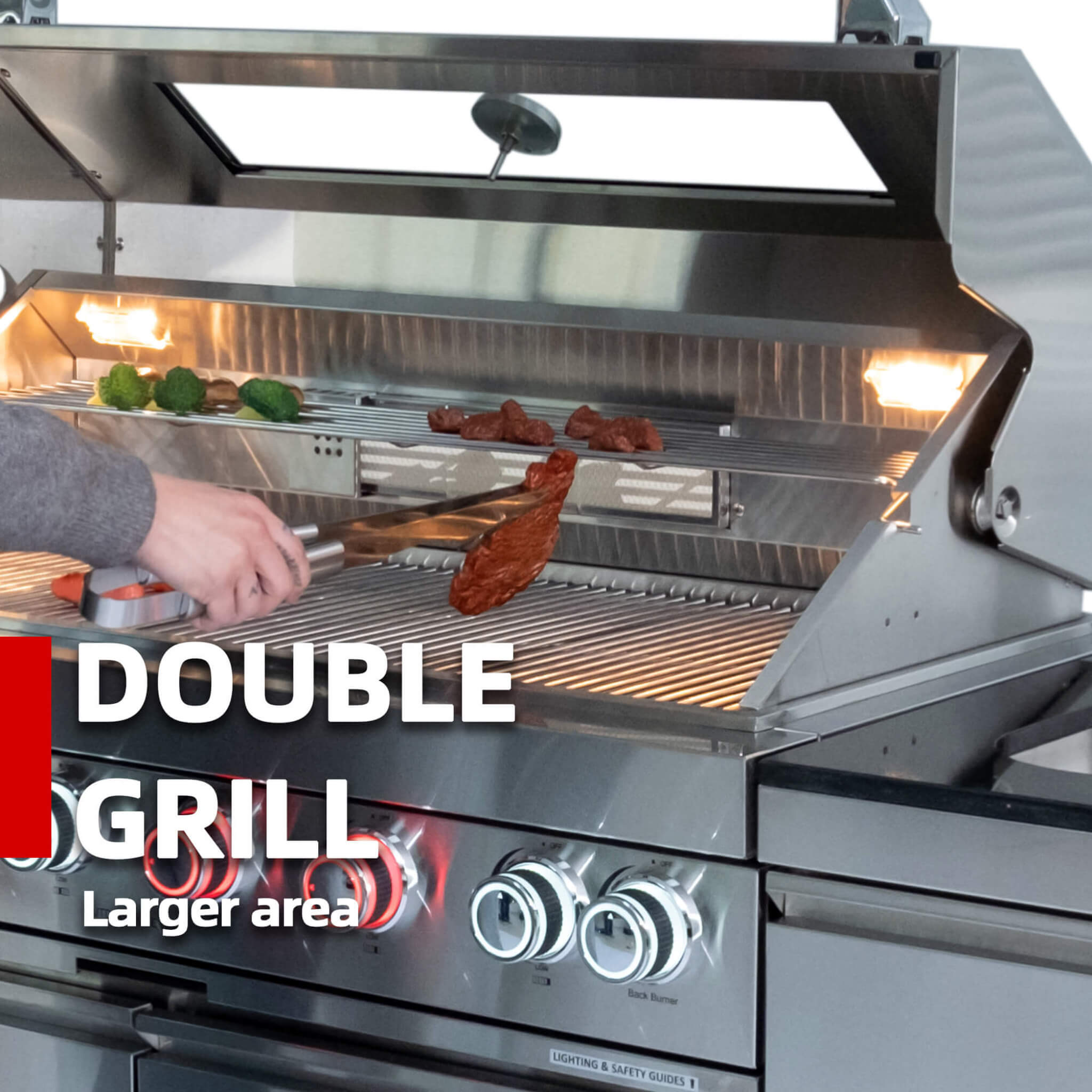 Castelle Flame Aurelia 46-Inch 4-Burner 72K BTU Stainless Steel Outdoor BBQ Kitchen Grill Island With 46-Inch 4-Burner 85K BTU Grill, Rotisserie Kit, And Cabinets (SAK93192)