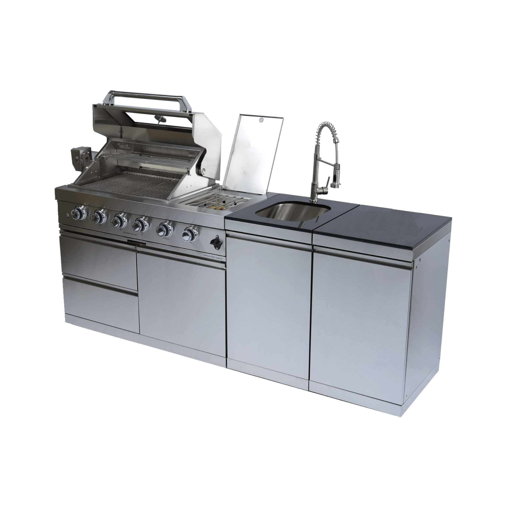 Castelle Flame Aurelia 46-Inch 4-Burner 72K BTU Stainless Steel Outdoor BBQ Kitchen Grill Island With 46-Inch 4-Burner 85K BTU Grill, Rotisserie Kit, And Cabinets (SAK93192)