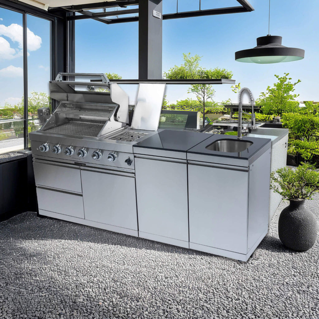 Castelle Flame Aurelia 46-Inch 4-Burner 72K BTU Stainless Steel Outdoor BBQ Kitchen Grill Island With 46-Inch 4-Burner 85K BTU Grill, Rotisserie Kit, And Cabinets (SAK93192)