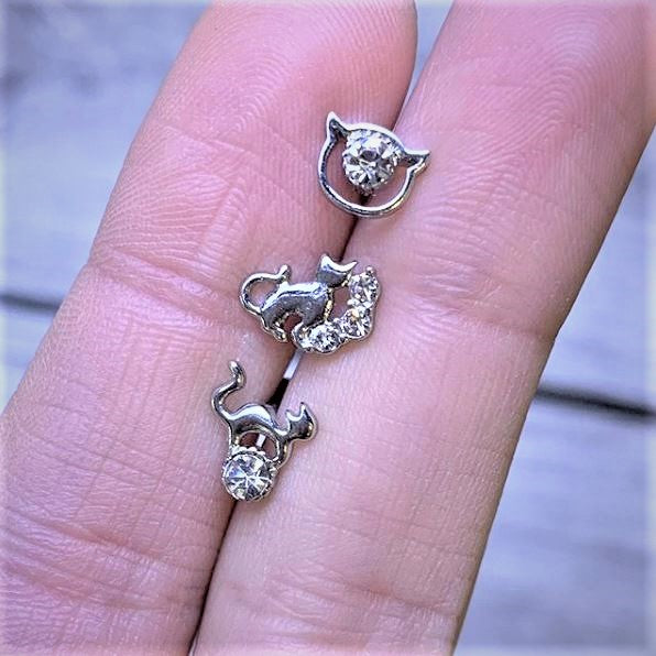 16G 1/4 Clear Gem Cat Theme Cartilage Tragus Earring Set of 3
