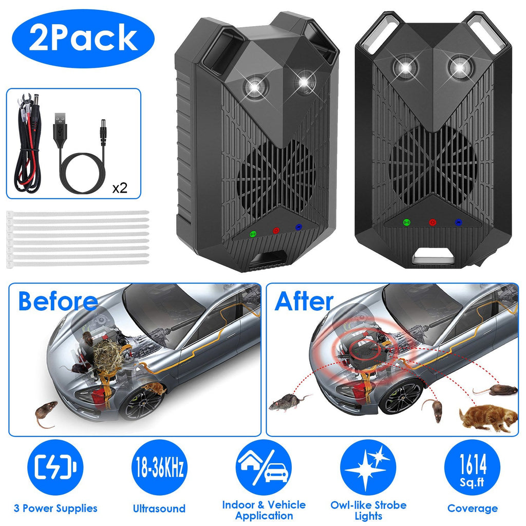 2 Pack Under Hood Ultrasonic Rodent Repeller Rodent Control Deterrent Chaser Blocker for Vehicle Indoor with Strobe Light 3 Power Supplies