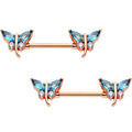 9/16 Aqua Gem Rose Gold PVD Double Dragonfly Barbell Nipple Ring Set