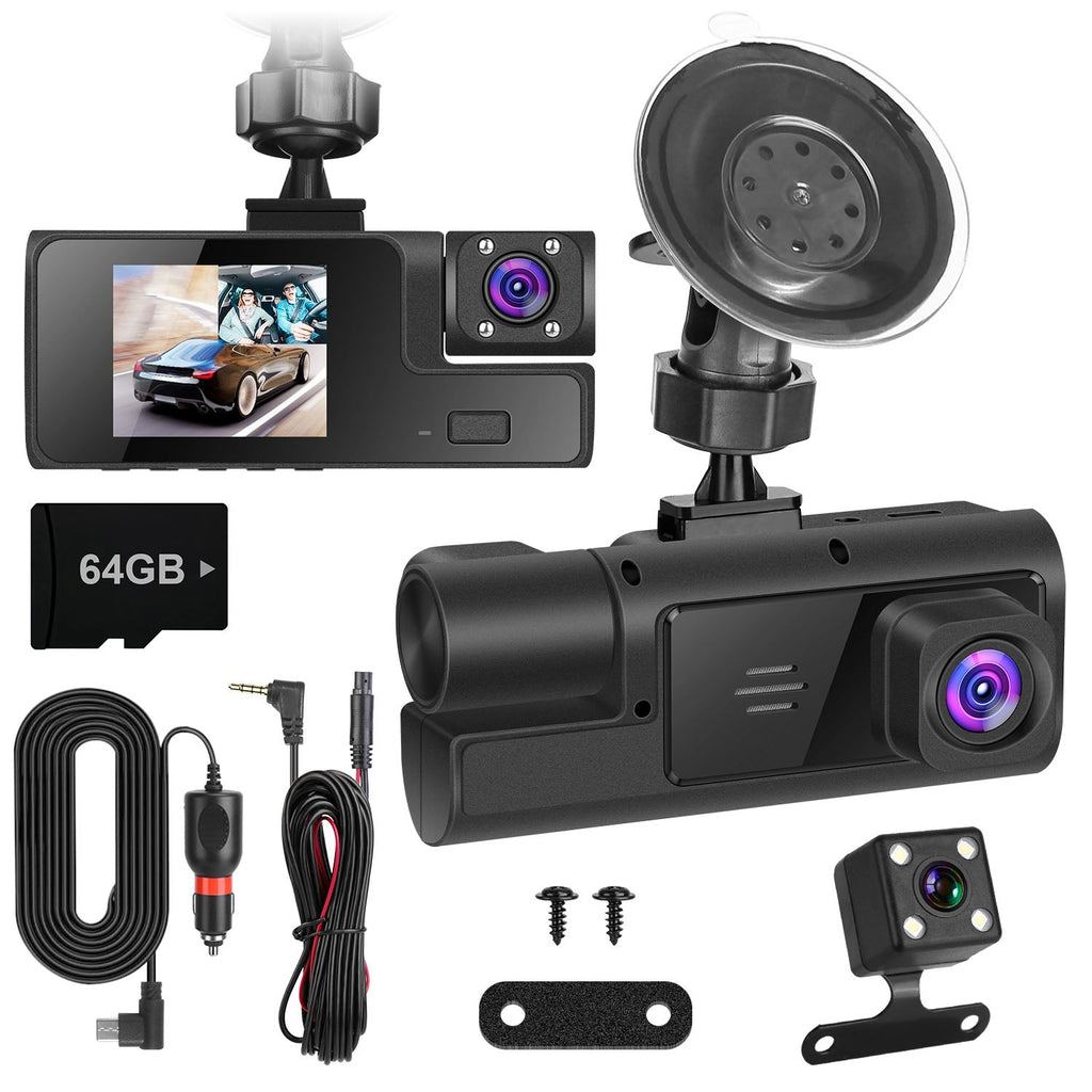 WiFi FHD 1080P Car Dash Cam 3 Channels Front Rear Inside Dash Camera with Loop Recording Reversing Visual 170° Wide Angle 64G Card Included