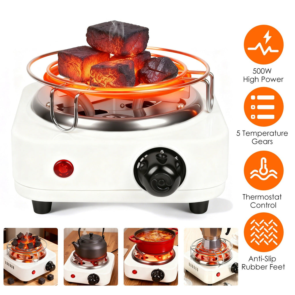 Electric Charcoal Burner 500W Hookah Charcoal Burner Compact Coal Burner for Hooka Cubes Shisha with Grill and Tongs 5 Temperature Gears 338℉-1022℉ Th