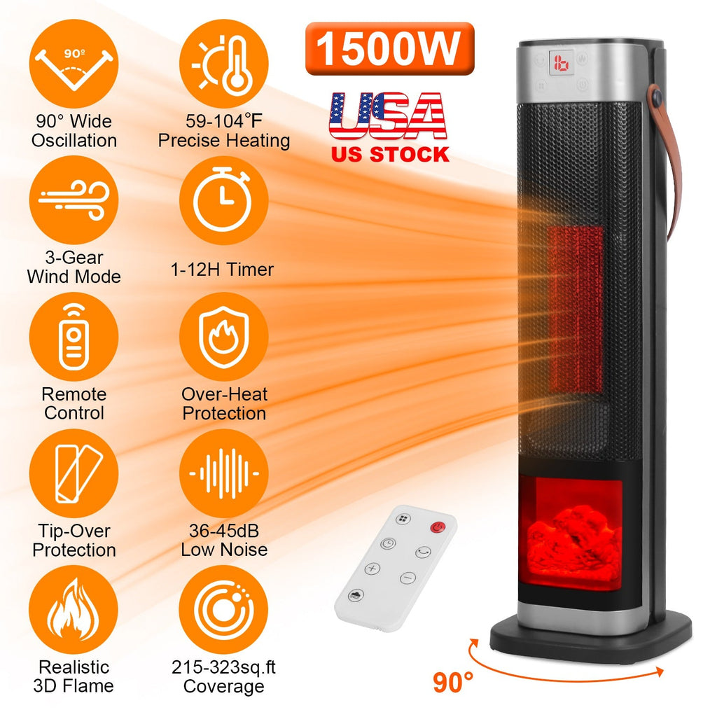 1500W Oscillating Ceramic Tower Space Heater with 3D Flame Portable Electric Heater with 3 Wind Modes 59-104℉Heating Remote Control 12H Timer Overheat