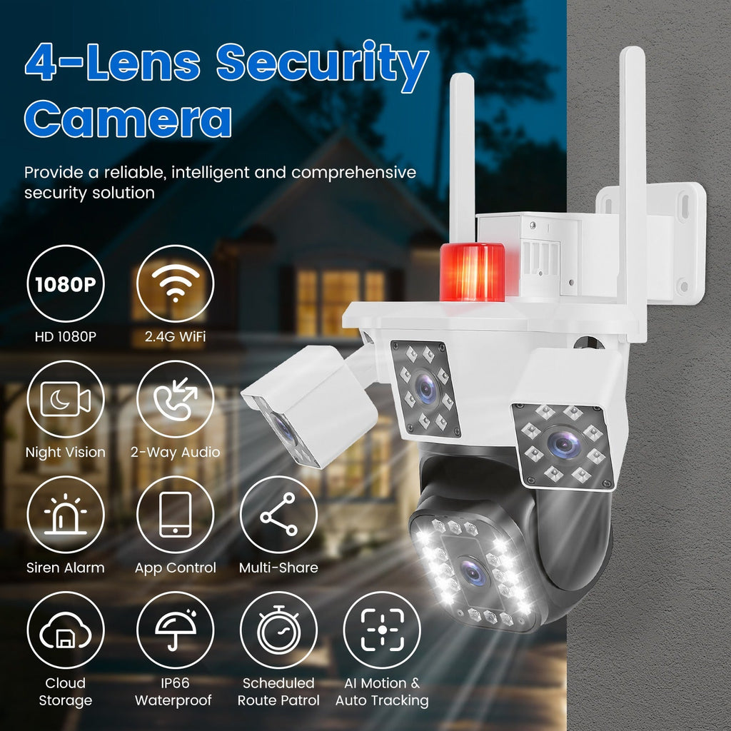 1080P HD 4-Lens Security Camera 360° View WiFi Pan & Tilt Surveillance Camera With Full Color Night Vision Auto Motion Tracking 2-Way Audio Spotlights
