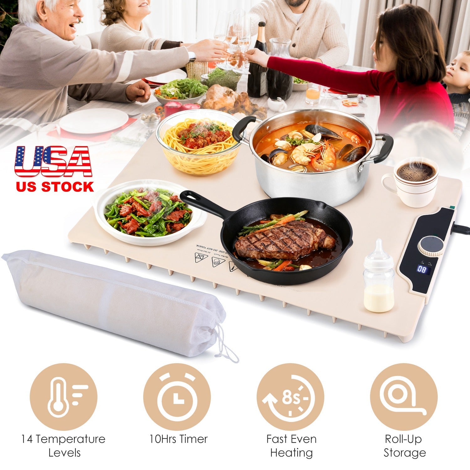 Food Warming Mat 23.6X15.8In 300W Fast Heating Electric Silicone Food Warmer With 14 Temp Levels 10Hrs Timer Settings Roll-Up Portable Hot Plates Heat