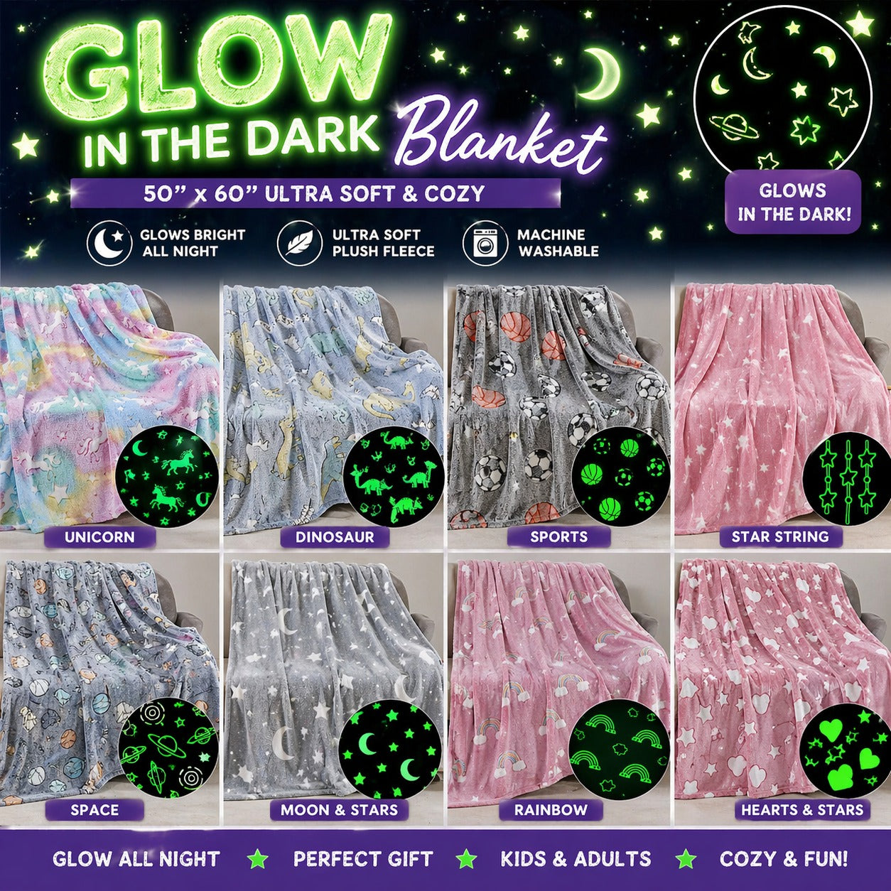 Glow-in-the-Dark 50" x 60" Throw Blankets