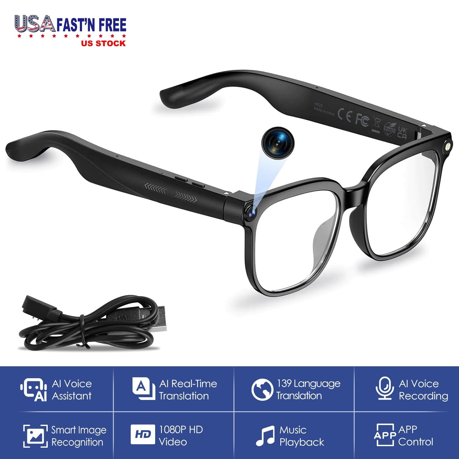 AI Smart Glasses Video Recording Sunglasses with Camera and Audio 8MP HD1080P Real Time Translation 139 Languages Voice Assistant AI Photo Recognition