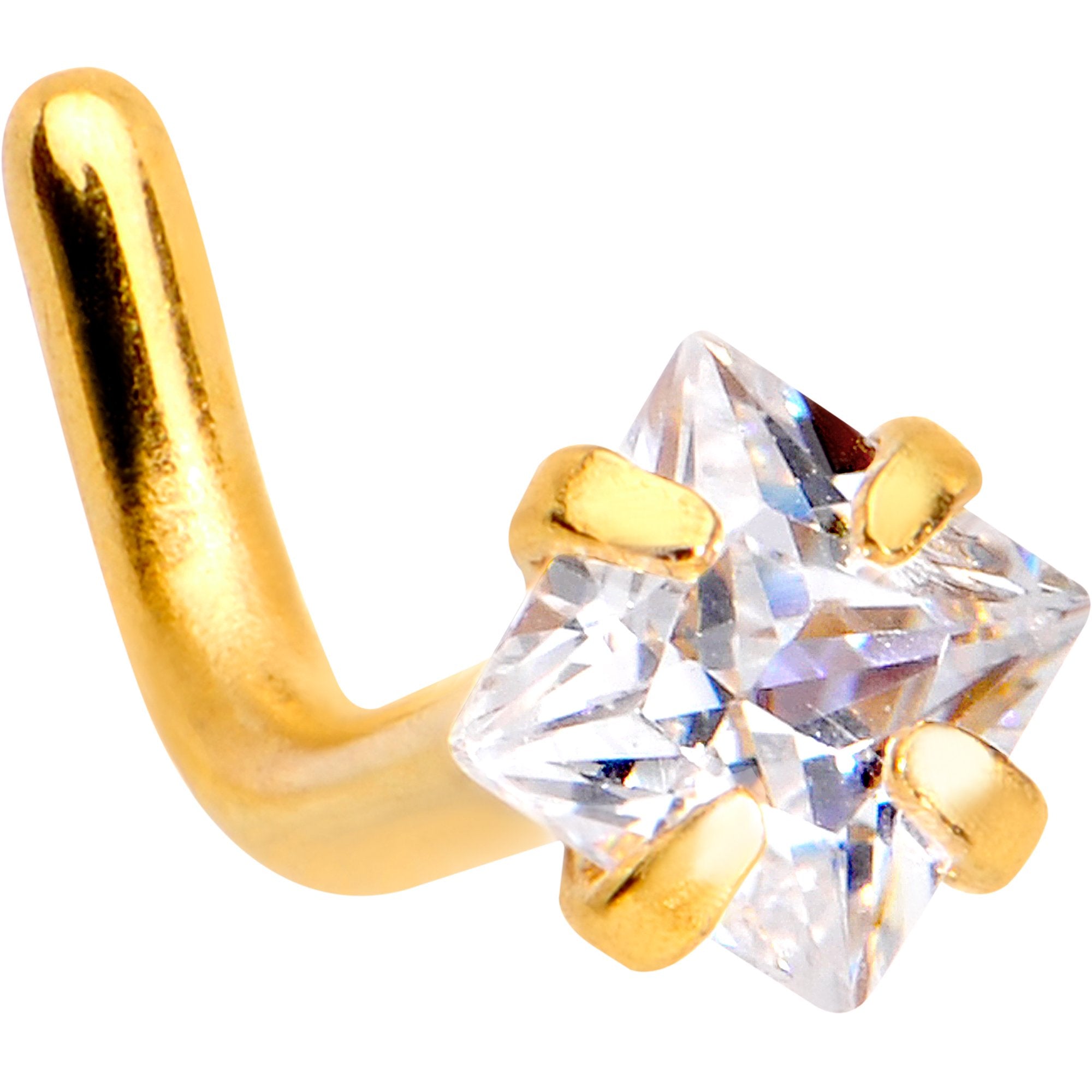 18G 1/4 Clear Square 2.5mm CZ Gem Gold IP L-Shape Nose Ring