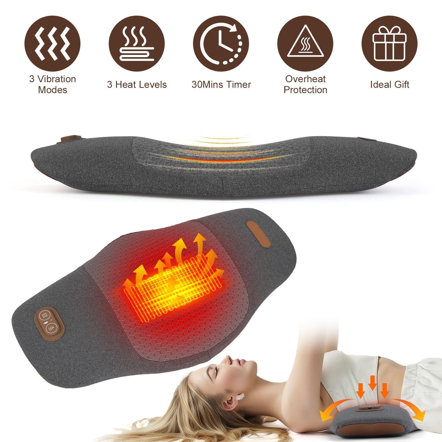 2 In 1 Electric Lumbar Massager Support Pillow Memory Foam Lower Back Massager with Heat Vibration Adapter for Pain Relief