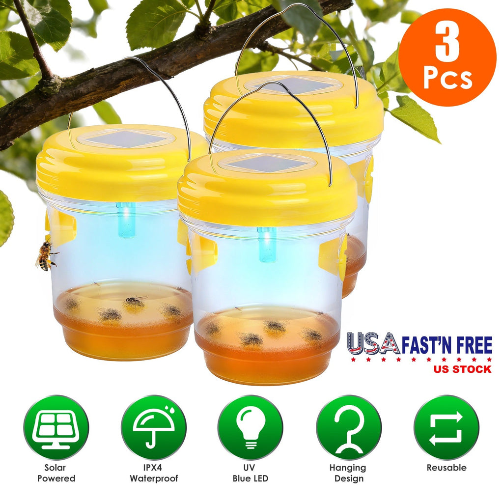 3Pack Solar Wasp Traps Outdoor Hanging Insect Catchers with UV Light for Paper Wasps Yellow Jackets Small Hornets Fruit Flies House Flies