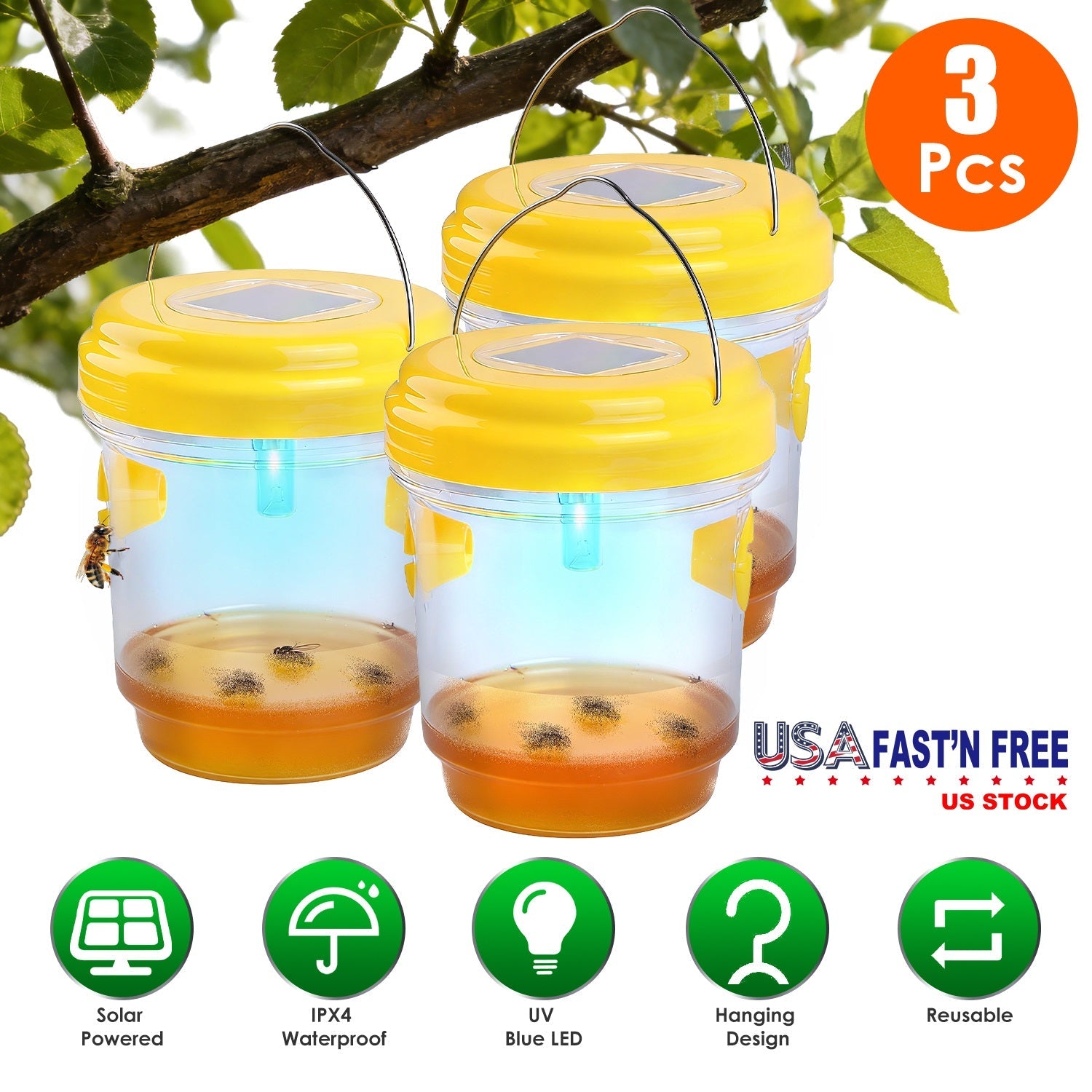 3Pack Solar Wasp Traps Outdoor Hanging Insect Catchers with UV Light for Paper Wasps Yellow Jackets Small Hornets Fruit Flies House Flies