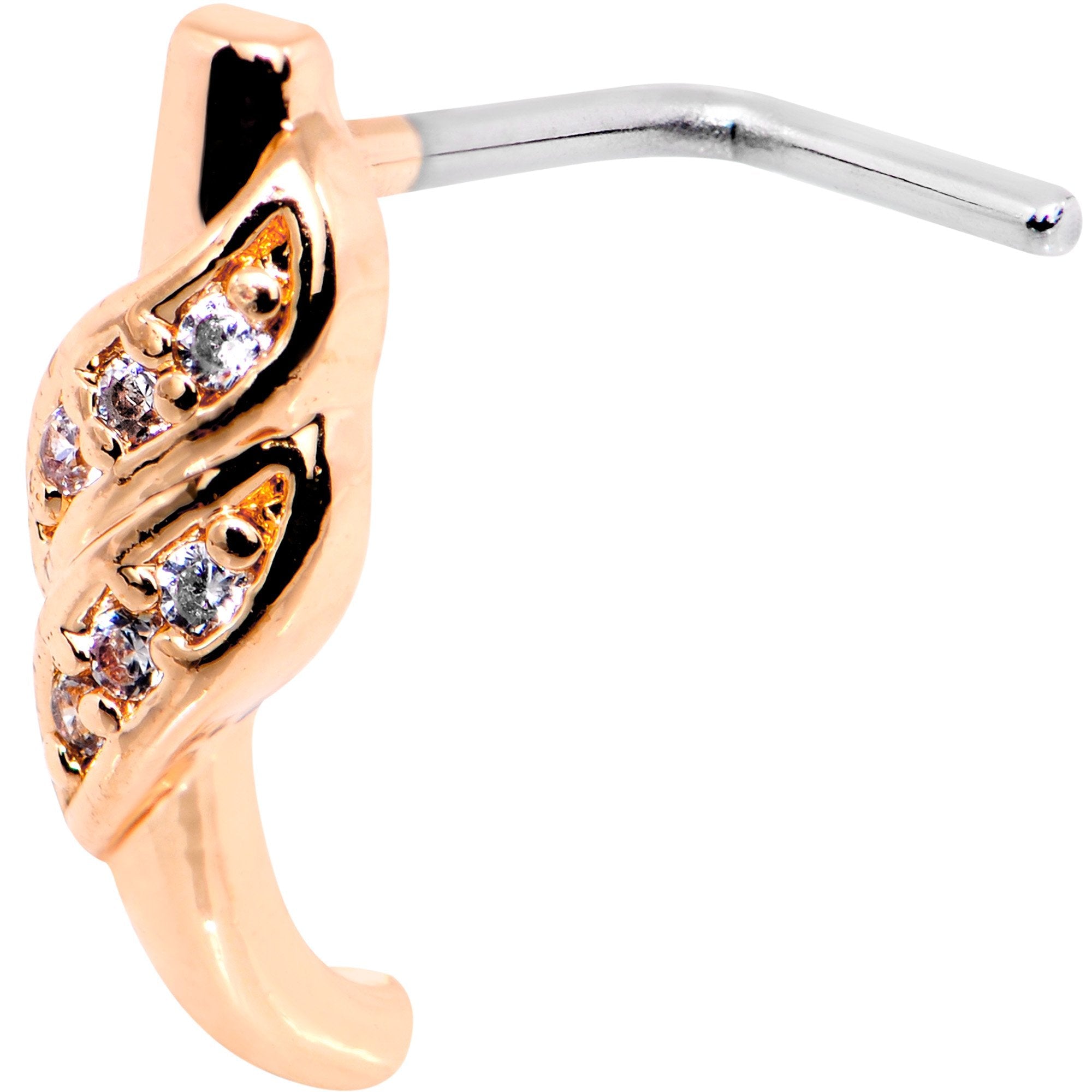 20G Clear CZ Rose Gold Tone Swish Faux Hoop L Shaped Nose Ring