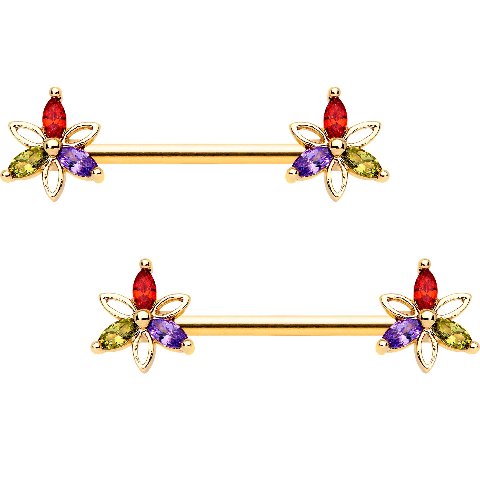 14G Rainbow Gem Star Gold Tone BCR Ring Barbell Nipple Ring Set