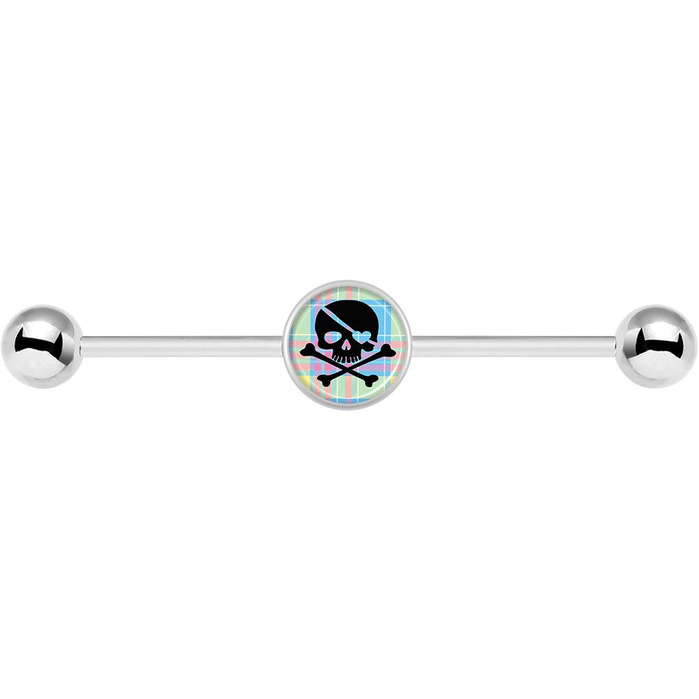 14G Pink Green Plaid Heart Skull Industrial Barbell 37mm