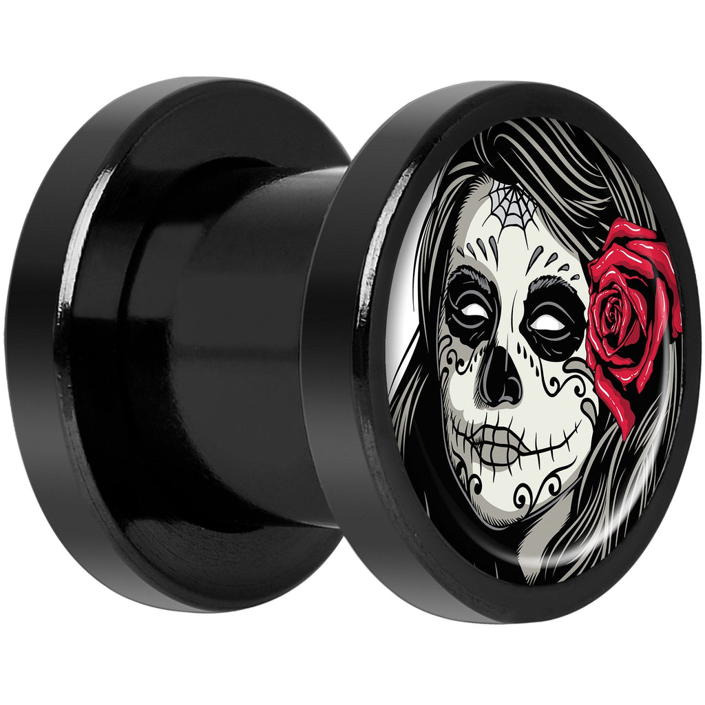 Katrina Sugar Skull Rose Flower Black Anodized Screw Fit Plug Set 0G