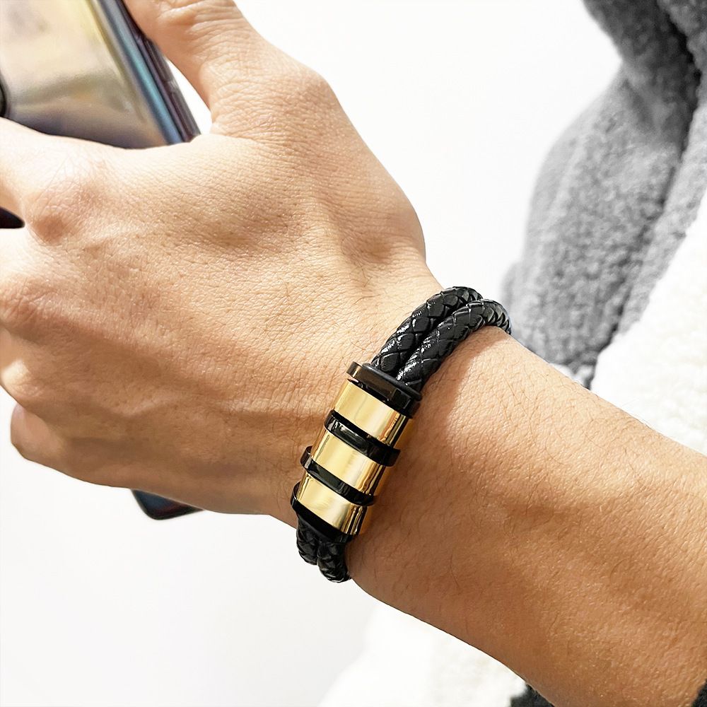 Black Leather Braided Bracelet with Stainless Steel Beads