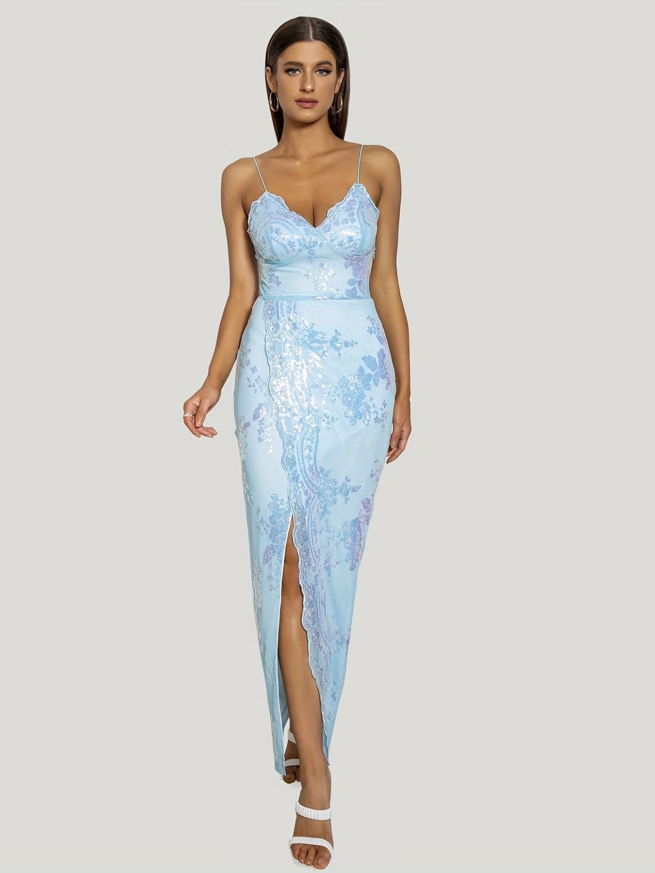 Floral Sequin Spaghetti Strap Sleeveless Party Dress