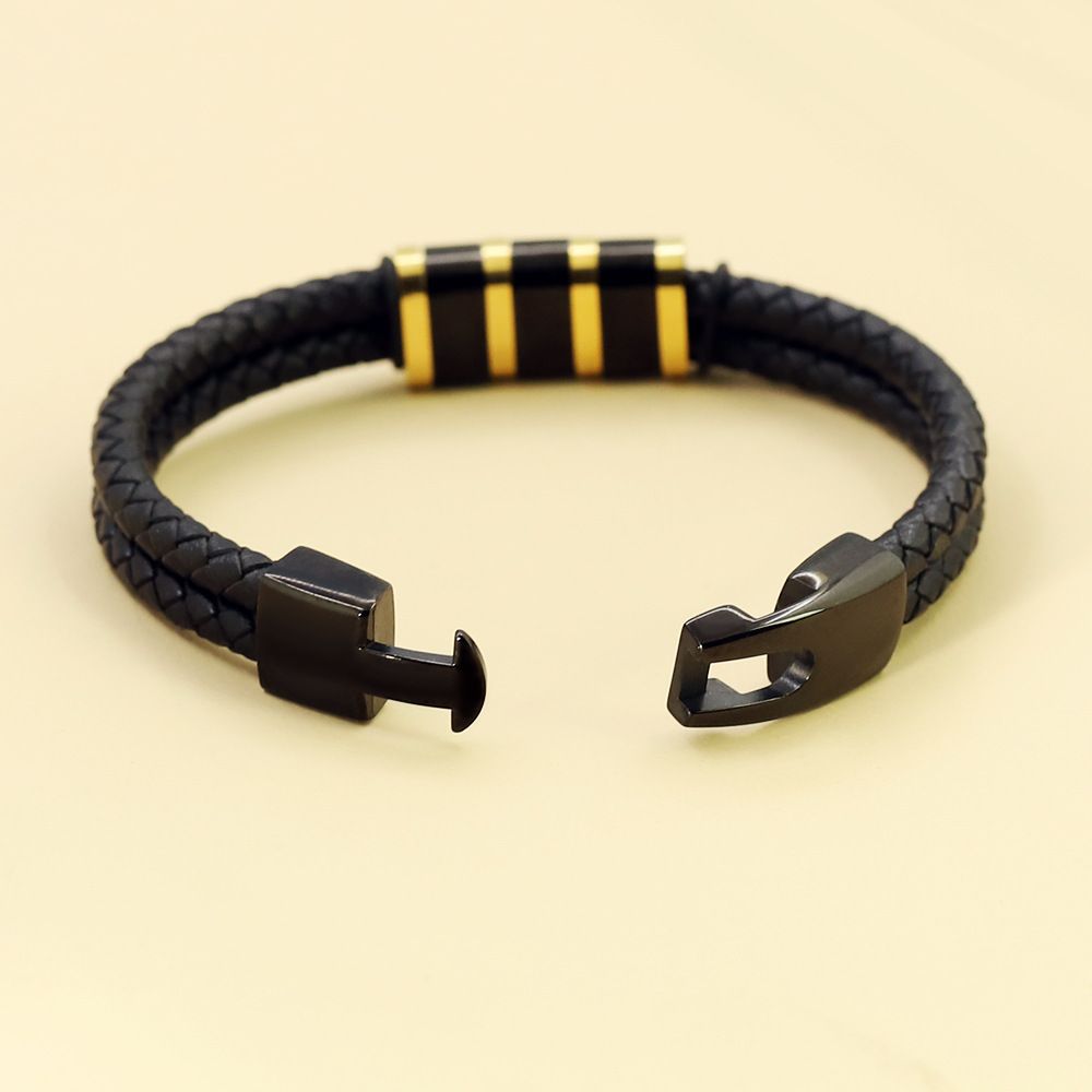 Black Leather Braided Bracelet with Stainless Steel Beads