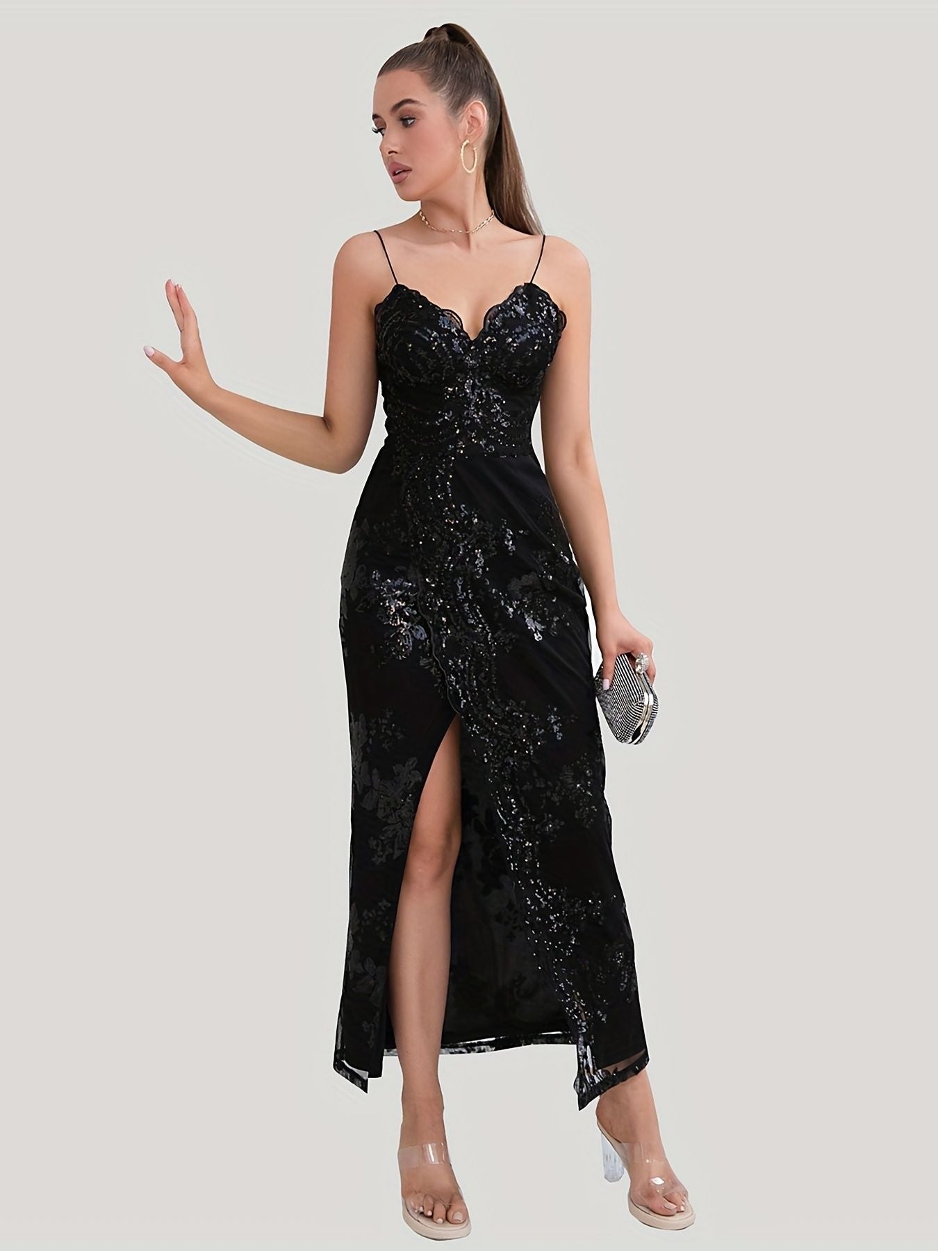 Floral Sequin Spaghetti Strap Sleeveless Party Dress