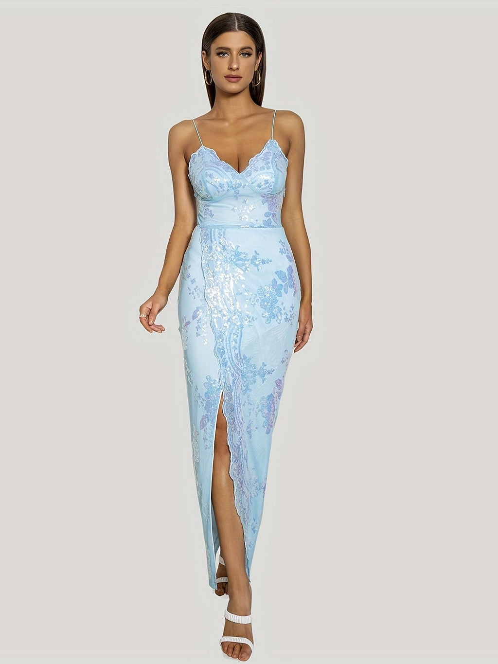 Floral Sequin Spaghetti Strap Sleeveless Party Dress