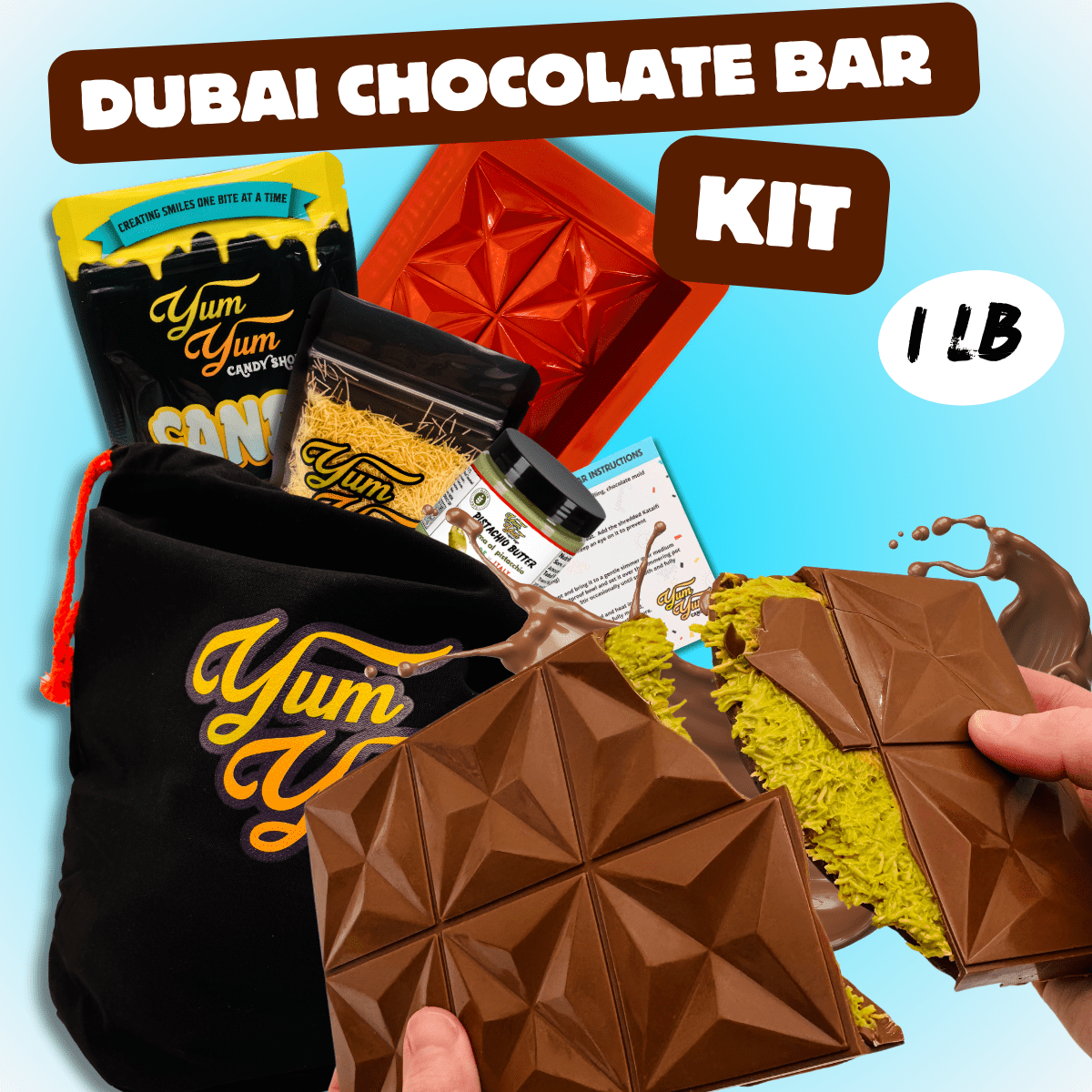 Dubai Pistachio Chocolate Bar Kit – DIY White, Dark & Milk Chocolate | Yum Yum Candy Shop