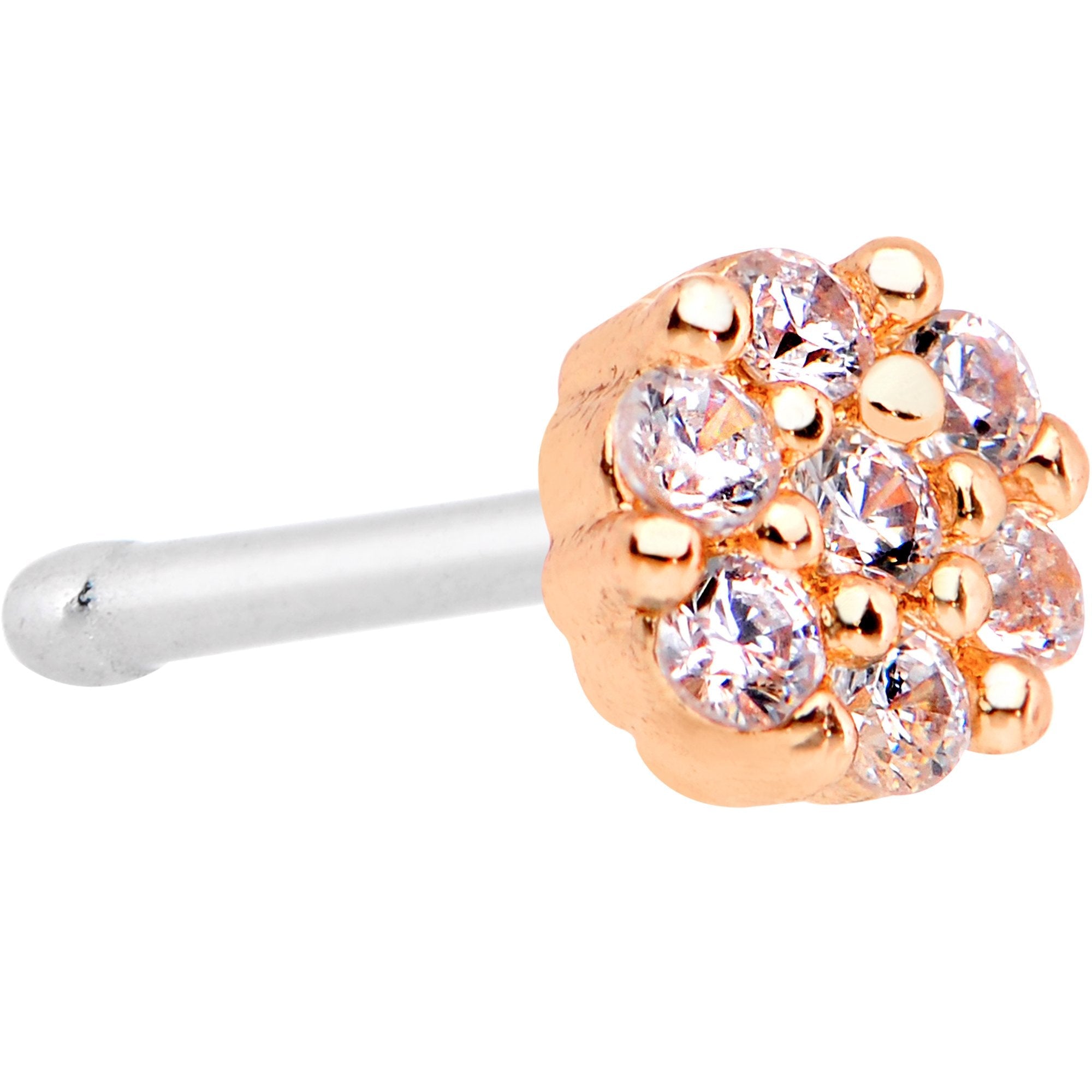 20G 1/4 Clear CZ Gem Rose Gold Tone Cute Cluster Nose Bone