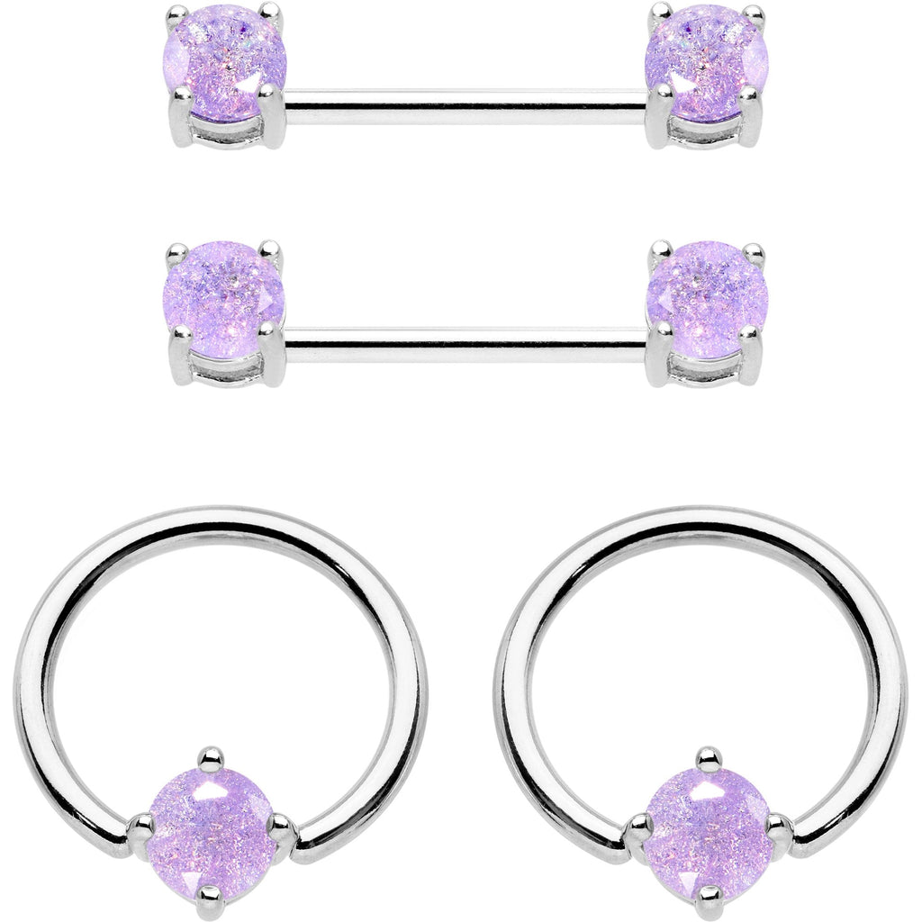 Purple CZ Gem Captive Ring Straight Barbell Nipple Ring Set