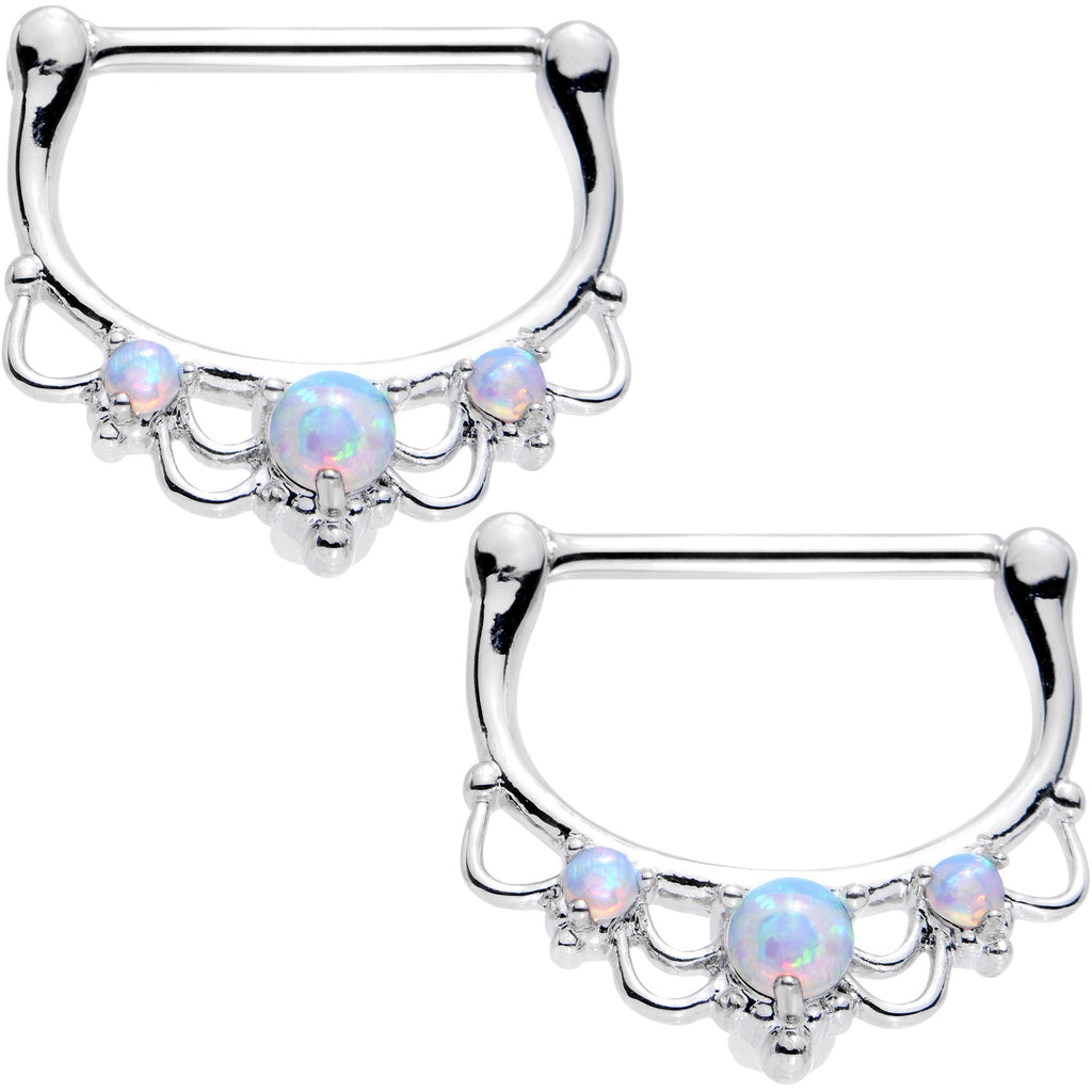 14G 9/16 White Faux Opal Delicate Flourish Nipple Clicker Set