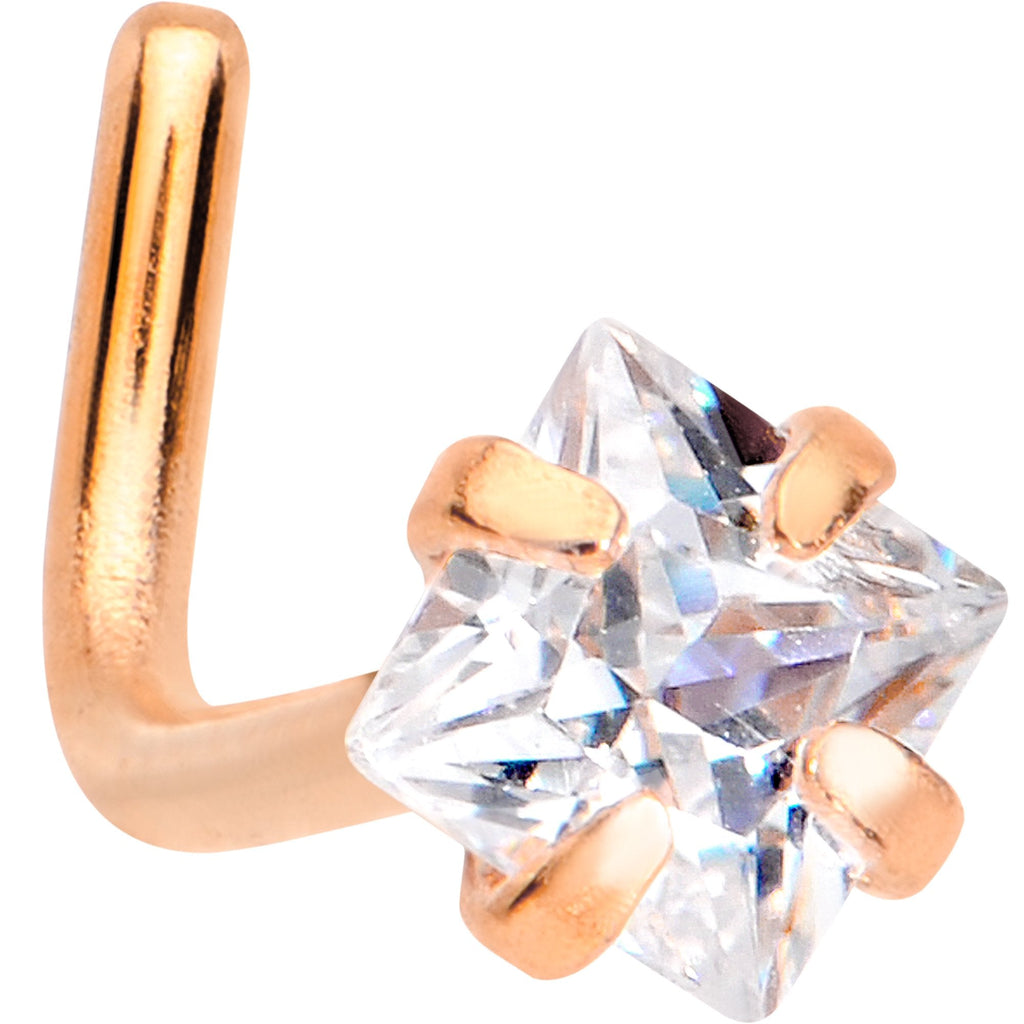 20G 1/4 Clear Square 2.5mm CZ Gem Rose Gold IP L-Shape Nose Ring