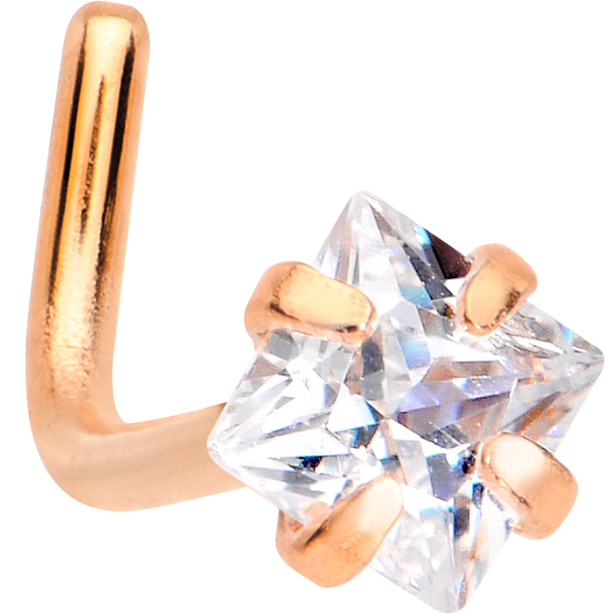 20G 1/4 Clear Square 2.5mm CZ Gem Rose Gold IP L-Shape Nose Ring