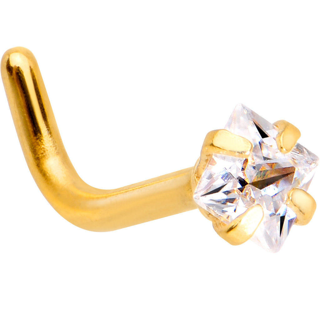 18G 1/4 Clear Square 2.5mm CZ Gem Gold IP L-Shape Nose Ring