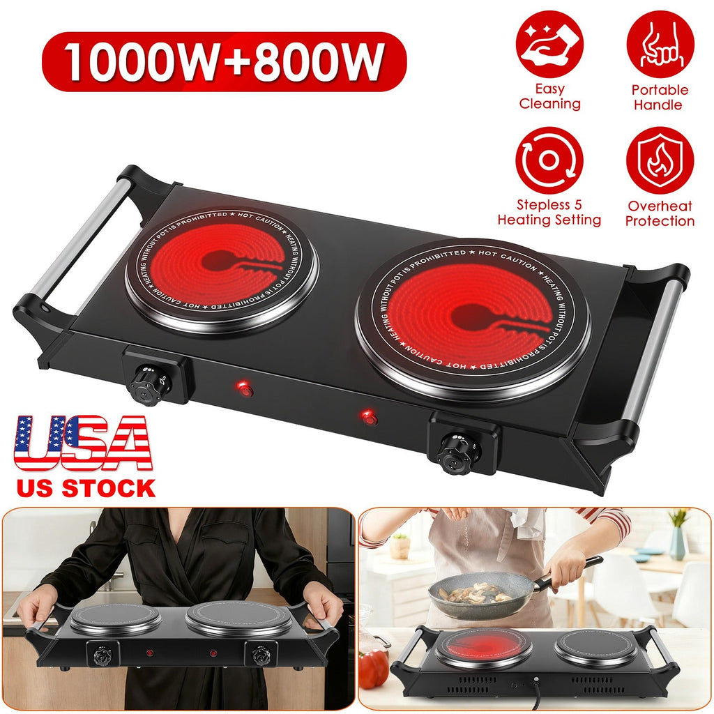 1800W Electric Double Burner Portable Heating Hot Plate Stove Countertop RV Hotplate with 5 Temperature Stepless Adjustments Portable Handles