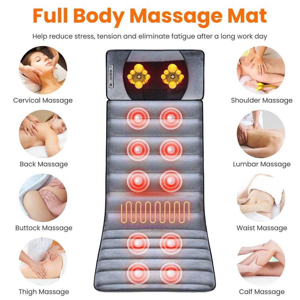Full Body Electric Massage Mat with Heat Vibration Massage Pad Cushion Back Massage Mattress Chair Pad with Neck Massage Pillow with 10 Vibration Moto