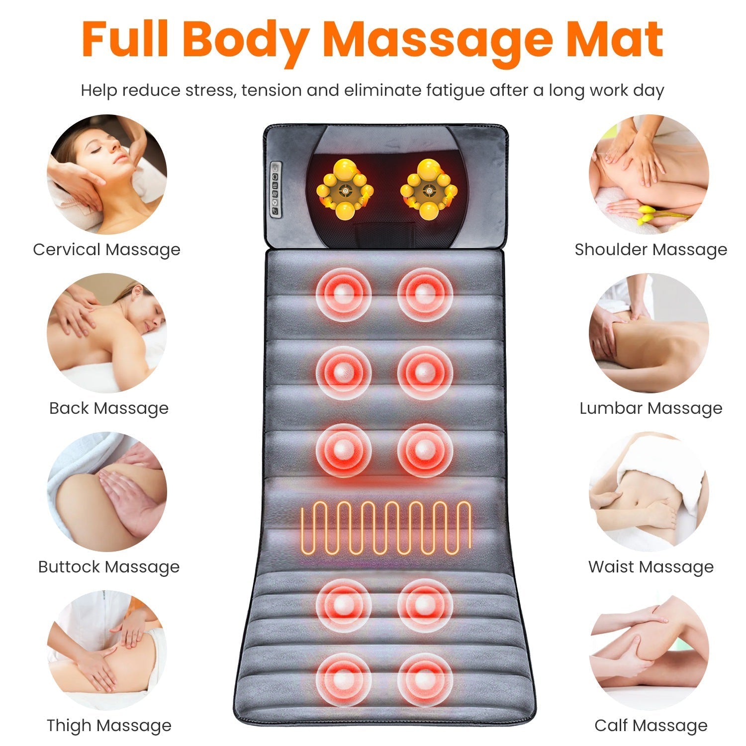 Full Body Electric Massage Mat with Heat Vibration Massage Pad Cushion Back Massage Mattress Chair Pad with Neck Massage Pillow with 10 Vibration Moto